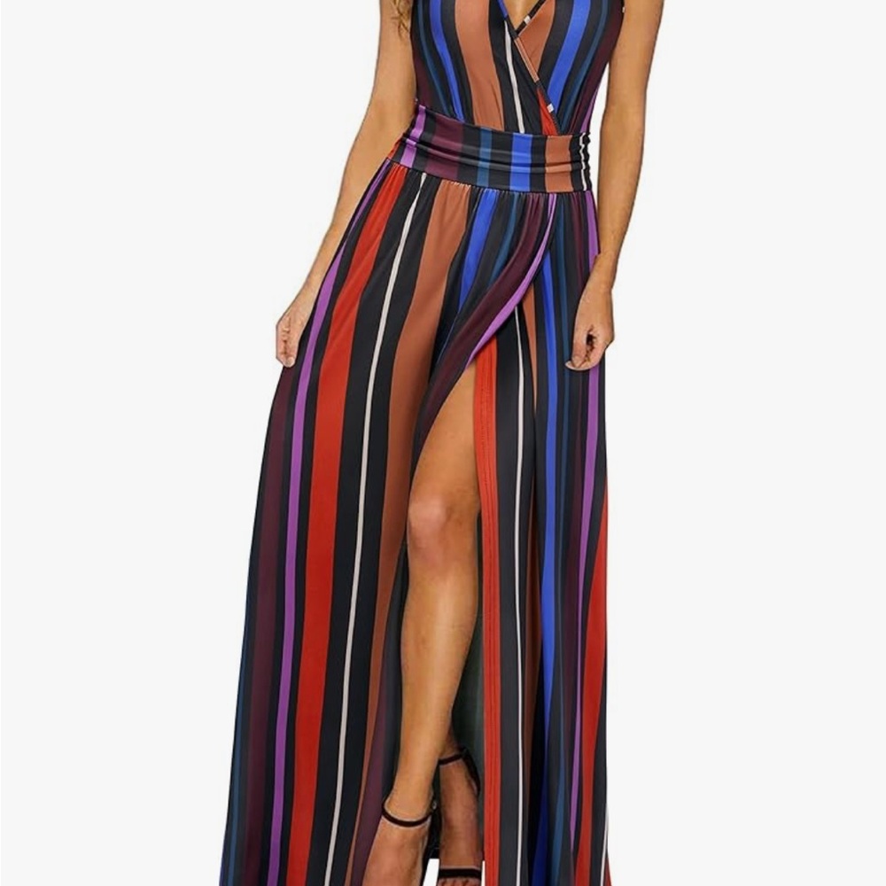 Blue and Red Sleeveless Maxi Sundress
